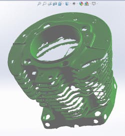 13. After running through the ScanTo3D wizard, SolidWorks can come up with a haggard but usable mesh representation of the motorcycle cylinder.