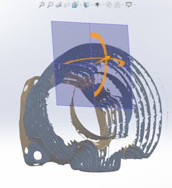14. Once you have the mesh built or imported into SolidWorks, you use the section command to slice it in places. You put in a plane and sketch at these places, where you can then trace over the features in your mesh to make a real 3D solid model. You can subsequently suppress the mesh in the SolidWorks feature tree. 14. Once you have the mesh built or imported into SolidWorks, you use the section command to slice it in places. You put in a plane and sketch at these places, where you can then trace over the features in your mesh to make a real 3D solid model. You can subsequently suppress the mesh in the SolidWorks feature tree.