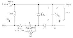1. With a fixed load, capacitor C1 will conduct enough current from your 60-cycle wall outlet to make a low, stable voltage. You need the Zener diode when it comes time to plug this into the wall, which might hit the capacitor with a 172-V spike at maximum line voltage. (Courtesy of Microchip)