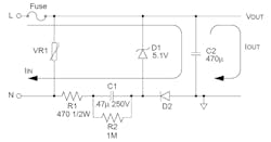 1. With a fixed load, capacitor C1 will conduct enough current from your 60-cycle wall outlet to make a low, stable voltage. You need the Zener diode when it comes time to plug this into the wall, which might hit the capacitor with a 172-V spike at maximum line voltage. (Courtesy of Microchip) 1. With a fixed load, capacitor C1 will conduct enough current from your 60-cycle wall outlet to make a low, stable voltage. You need the Zener diode when it comes time to plug this into the wall, which might hit the capacitor with a 172-V spike at maximum line voltage. (Courtesy of Microchip)