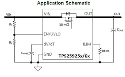 2. An e-fuse with additional functions is &ldquo;programmed&rdquo; via some simple external passive components. (Source: Texas Instruments)