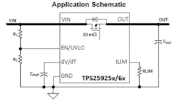 2. An e-fuse with additional functions is “programmed” via some simple external passive components. (Source: Texas Instruments) 2. An e-fuse with additional functions is “programmed” via some simple external passive components. (Source: Texas Instruments)