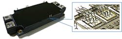 1. Modules that integrate SiC MOSFETs with SiC SBDs, such as that offered by Rohm, minimize switching loss caused by IGBT tail current and fast-recovery-diode (FRD) recovery loss. (Source: Rohm) 1. Modules that integrate SiC MOSFETs with SiC SBDs, such as that offered by Rohm, minimize switching loss caused by IGBT tail current and fast-recovery-diode (FRD) recovery loss. (Source: Rohm)