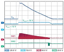 3. Pass-Thru mode quickly responds to an 80-V unsuppressed load dump pulse, limiting the output to the programmed 16 V maximum. 3. Pass-Thru mode quickly responds to an 80-V unsuppressed load dump pulse, limiting the output to the programmed 16 V maximum.