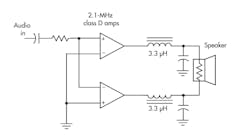 1. This simplified bridge-tied load class D amplifier shows the two LC low pass filters typically used at the speaker.