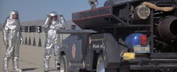 3. Taken at a NASA test facility on Groom Lake, Nev., this photo shows the prototype of the ICE Cybertruck being prepared for a test run to verify the operational parameters of the production vehicle's Overthruster mode. (Credit: MGM) 3. Taken at a NASA test facility on Groom Lake, Nev., this photo shows the prototype of the ICE Cybertruck being prepared for a test run to verify the operational parameters of the production vehicle's Overthruster mode. (Credit: MGM)