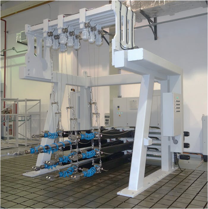 An electric multi-axis test system, or EMATS, at the Shanghai Volkswagen plant checks the strength of automotive seats assemblies. (Courtesy of Moog)
