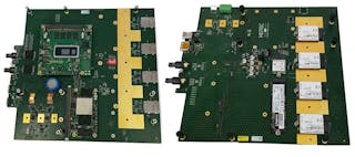 1. The COM Express modules provide the system&rsquo;s intelligence. The top side of the board (left) also hosts a SMARC module and SIM card sockets. The bottom (right) has numerous expansion sockets, including M.2 and Mini-PCIe.