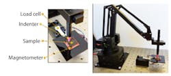 2. In the experimental setup, a 4-DoF desktop robotic arm is used to apply pressure with a plastic indenter (r = 1.5 mm) while the load-cell output, location, and magnetic field are sampled and stored. (Source: Carnegie Mellon University) 2. In the experimental setup, a 4-DoF desktop robotic arm is used to apply pressure with a plastic indenter (r = 1.5 mm) while the load-cell output, location, and magnetic field are sampled and stored. (Source: Carnegie Mellon University)