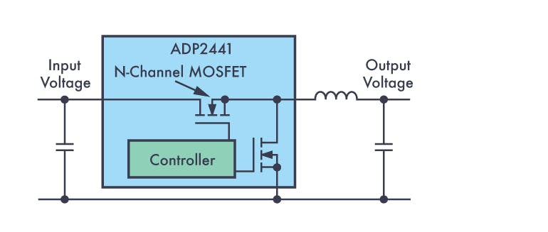 1. Shown is a typical step-down switching regulator with an ADP2441.
