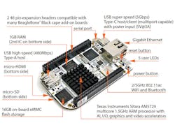 1. The BeagleBone AI, which provides multiple machine-learning options with the multicore AM5729 SoC, adds 16 GB of eMMC flash memory plus Wi-Fi and Bluetooth support.