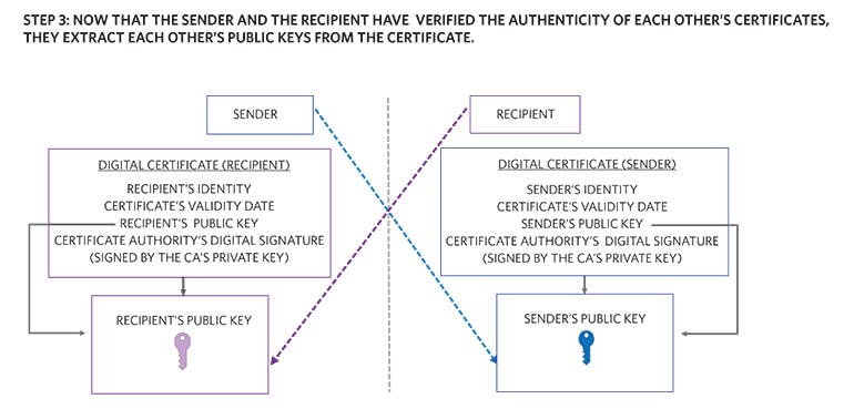 13. A sender and recipient extract each other&rsquo;s public keys from a digital certificate.