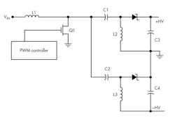 3. Shown is the basic SEPIC dc-dc converter with dual high-voltage outputs.