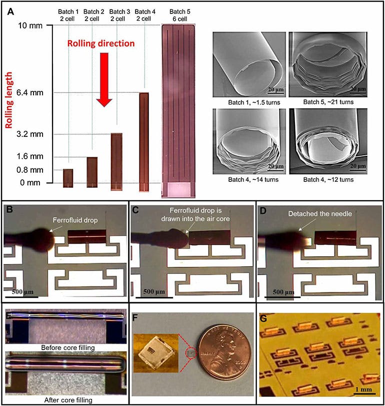 2. Representative experimental demonstration of monolithic S-RuM power inductors: (A) The planar layout of six batches of successfully fabricated devices with the total rolling length (0.8 to 10 mm) and rolling direction, as well as the number of cells indicated. SEM images show the cross-sections of the fully rolled-up devices from batches 1, 4, and 5, with the number of turns indicated. (B to D) Ferromagnetic fluid drawn into a micropipette by capillary action with a droplet hanging at the tip (B); the pipette tip makes contact with the S-RuM air-core inductor tube (B), and capillary action forces the ferrofluid into the core of the inductor tube (C). Then, the pipette was withdrawn and detached from the core-filled S-RuM inductor tube (D). (E) Optical images of a six-cell 21-turn inductor before and after core filling. (F) A single two-cell inductor sitting on a piece of sapphire substrate placed by a U.S. penny for size comparison. (G) Optical image of an array of S-RuM inductor tubes fabricated monolithically. (Source: University of Illinois)