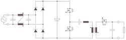 2. Shown is an asymmetrical PWM flyback with synchronous rectification. 2. Shown is an asymmetrical PWM flyback with synchronous rectification.