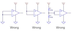 1. Wrong, wrong, and wrong. You should never tie the unused + and &minus; pins of an amplifier together. It&rsquo;s guaranteed to drive the output to one power rail or the other, and with a large expenditure of chip power-supply current.