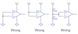 1. Wrong, wrong, and wrong. You should never tie the unused + and − pins of an amplifier together. It’s guaranteed to drive the output to one power rail or the other, and with a large expenditure of chip power-supply current. 1. Wrong, wrong, and wrong. You should never tie the unused + and − pins of an amplifier together. It’s guaranteed to drive the output to one power rail or the other, and with a large expenditure of chip power-supply current.