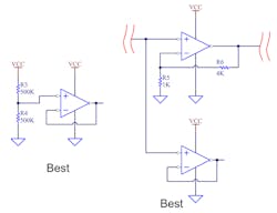 3. The best way to deal with unused amplifiers is to bias the voltage follower at the midpoint of the common-mode input range. Another way is to just connect the voltage-follower input to another signal.
