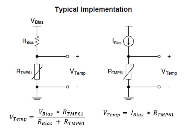2. As a resistive component, the thermistor can be driven using a voltage source (left) or current source (right). In practice, most voltage-driven circuits use a ratiometric arrangement to cancel the effects of source drift.