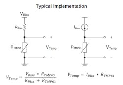 2. As a resistive component, the thermistor can be driven using a voltage source (left) or current source (right). In practice, most voltage-driven circuits use a ratiometric arrangement to cancel the effects of source drift. 2. As a resistive component, the thermistor can be driven using a voltage source (left) or current source (right). In practice, most voltage-driven circuits use a ratiometric arrangement to cancel the effects of source drift.
