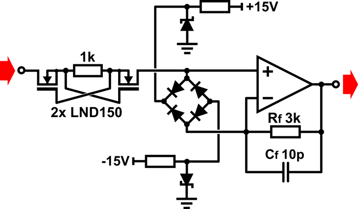 12. Low-distortion, shunt overvoltage protection using current-liming MOSFETs for improved noise and bandwidth.