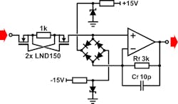 12. Low-distortion, shunt overvoltage protection using current-liming MOSFETs for improved noise and bandwidth.