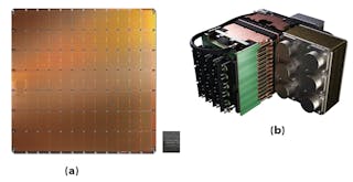 1. Shown is Cerebras&rsquo; Wafer Scale Engine (WSE) machine-learning solution (a). It&rsquo;s designed to be used as is, not broken up into individual chips. Cerebras&rsquo; WSE needs a water-cooled system to keep it running without a meltdown (b). (Source: Cerebras Systems)