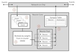 5. Events and responses are handled by the network-on-chip (1). The events (2) are then multiplied by the appropriate weights (3), run through the neuron pool (4) and the results are then processed (5). 5. Events and responses are handled by the network-on-chip (1). The events (2) are then multiplied by the appropriate weights (3), run through the neuron pool (4) and the results are then processed (5).