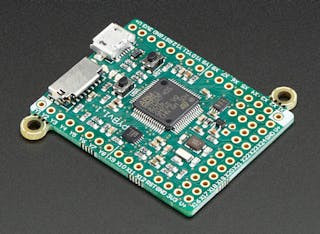 The PyBoard runs MicroPython on a STMicroelectronics STM32F405RG microcontroller based on a 186-MHz Arm Cortex-M4.