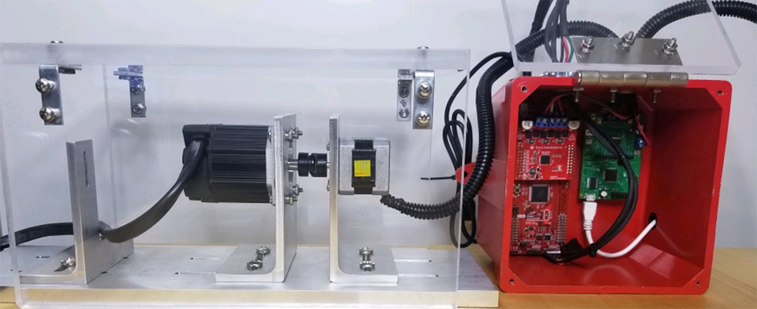 8. Here, the fully-assembled dynamometer is testing a stepper motor.