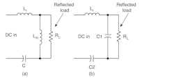 2. The transformer action reflects the output load back into the primary circuit and makes it appear as though the load is really a series component of the equivalent LLC circuit (a). An alternative resonant circuit (LCC) uses two capacitors instead of two inductors (LLC) (b).