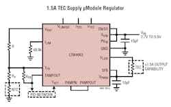1. Analog Devices&rsquo; LTM4663 is a complete 1.5-A sink/source thermoelectric cooler (TEC) regulator in a tiny package. It can source and sink up to 1.5 A while supporting thermistor and RTD temperature sensors.