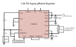 1. Analog Devices’ LTM4663 is a complete 1.5-A sink/source thermoelectric cooler (TEC) regulator in a tiny package. It can source and sink up to 1.5 A while supporting thermistor and RTD temperature sensors. 1. Analog Devices’ LTM4663 is a complete 1.5-A sink/source thermoelectric cooler (TEC) regulator in a tiny package. It can source and sink up to 1.5 A while supporting thermistor and RTD temperature sensors.