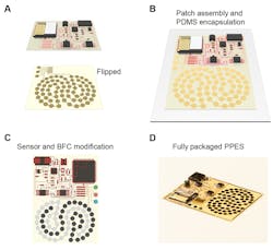 4. Assembly and encapsulation of the PPES: The flipped electrochemical and the electronic patches (a). The flipped electrochemical patch and electronic patch are connected with the conductive paste and encapsulated with PDMS (b). The sensor array is modified with urea/NH4+ or glucose/pH sensing films and the BFC electrodes are assembled on the PPES (c). A photograph of a fully packaged PPES (d). (Source: Caltech)