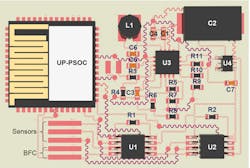 5. The physical layout of the completed patch shows the interconnection of sensors, BFCs, ICs including the UP-PSoC EZ-BLE Creator Module, and passive components. (Source: Caltech)