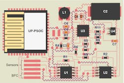 5. The physical layout of the completed patch shows the interconnection of sensors, BFCs, ICs including the UP-PSoC EZ-BLE Creator Module, and passive components. (Source: Caltech) 5. The physical layout of the completed patch shows the interconnection of sensors, BFCs, ICs including the UP-PSoC EZ-BLE Creator Module, and passive components. (Source: Caltech)