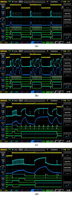 13. These are examples of 'Receiver_533' receptions. Channel 1 (yellow) is the Interrupt, Channel 2 (light blue) is the external signal before the RC circuit, and Channel 4 (blue) is the external signal after the RC circuit. Signals D8-D13 (green) are P_DLY, CLK, DLY5, CNT6, res_DFF, and LATCH1, respectively. The images show when the input signal is 00000000 (a), the input signal is 10010011 (b), the input signal is 10010011 (c), and a zoomed view of the first two periods of the service signal (d). 13. These are examples of 'Receiver_533' receptions. Channel 1 (yellow) is the Interrupt, Channel 2 (light blue) is the external signal before the RC circuit, and Channel 4 (blue) is the external signal after the RC circuit. Signals D8-D13 (green) are P_DLY, CLK, DLY5, CNT6, res_DFF, and LATCH1, respectively. The images show when the input signal is 00000000 (a), the input signal is 10010011 (b), the input signal is 10010011 (c), and a zoomed view of the first two periods of the service signal (d).