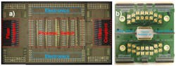 Presented in Paper JFS1-3 &ldquo;A Monolithically Integrated Silicon Photonics 8&times;8 Switch in 90nm SOI CMOS&rdquo; Jonathan E. Proesel, et al., of IBM are the 8x8 switch chip (a) and the packaged switch module mounted on the test PCB (b). (Credit: IEEE)