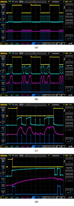 9. These are examples of 'Receiver_170' receptions. Channel 1 (yellow) is CNT2, Channel 2 (light blue) is the external signal before the RC circuit, Channel 3 (magenta) is the external signal after the RC circuit, and Channel 4 (blue) is CLK. The images show when the input signal is 00000000 (a), the input signal is 10010011 (b), the input signal is 10010011 (c), and a zoomed view of a single period with a high signal value (d). 9. These are examples of 'Receiver_170' receptions. Channel 1 (yellow) is CNT2, Channel 2 (light blue) is the external signal before the RC circuit, Channel 3 (magenta) is the external signal after the RC circuit, and Channel 4 (blue) is CLK. The images show when the input signal is 00000000 (a), the input signal is 10010011 (b), the input signal is 10010011 (c), and a zoomed view of a single period with a high signal value (d).