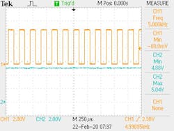 7. The screenshot depicts an input frequency of 5.000 kHz applied in the scale of 0-5 kHz, and its respective output of 5.04 V. 7. The screenshot depicts an input frequency of 5.000 kHz applied in the scale of 0-5 kHz, and its respective output of 5.04 V.