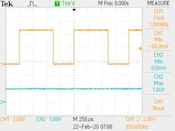 8. This screenshot shows an input frequency of 1.000 kHz applied in the scale of 0-5 kHz, and its respective output of 1.00 V. 8. This screenshot shows an input frequency of 1.000 kHz applied in the scale of 0-5 kHz, and its respective output of 1.00 V.