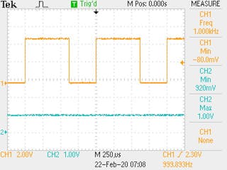 8. This screenshot shows an input frequency of 1.000 kHz applied in the scale of 0-5 kHz, and its respective output of 1.00 V.
