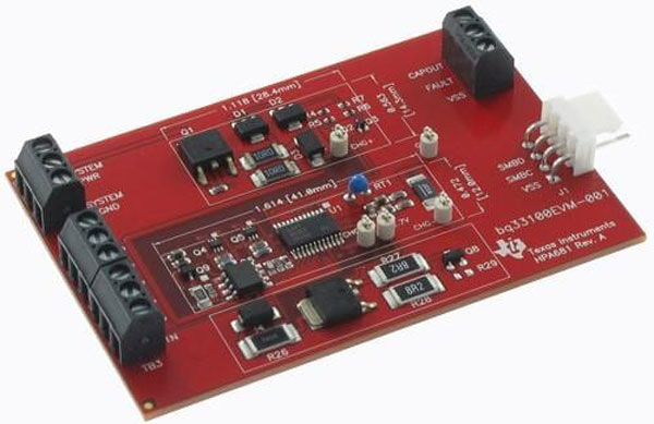 6. The BQ33100EVM-001 is an evaluation board for the Texas Instruments BQ33100 series of supercap balancing chips. (Courtesy of Texas Instruments)
