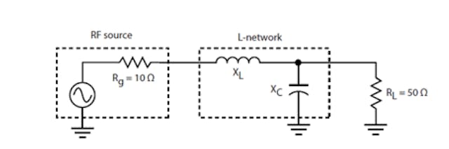 2. The RF source is a transistor amplifier with an output impedance of 10 &ohm; that is to be matched to 50-&ohm; output impedance load. The L-network with a parallel output capacitor is used.