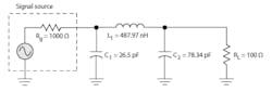 2. The π-network resulting from the example problem matches a 1000-Ω generator to a 100-Ω load at a frequency of 50 MHz with a bandwidth of 6 MHz and a Q of 8.33. 2. The π-network resulting from the example problem matches a 1000-Ω generator to a 100-Ω load at a frequency of 50 MHz with a bandwidth of 6 MHz and a Q of 8.33.