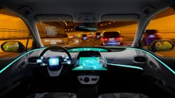 1. A futuristic ambient-lighting car concept shows a safety-related function integrated on the steering wheel.