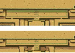 3. The microphotograph shows the switch in the open (top) and closed (bottom) positions. (Source: James T. Best/Carnegie Mellon Institute)