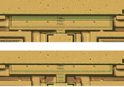 3. The microphotograph shows the switch in the open (top) and closed (bottom) positions. (Source: James T. Best/Carnegie Mellon Institute) 3. The microphotograph shows the switch in the open (top) and closed (bottom) positions. (Source: James T. Best/Carnegie Mellon Institute)