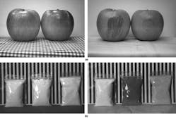 1. SWIR imaging lets you see previously invisible details; for example, bruising or objects below the surface. Here we compare images captured by a visible-light (left) and SWIR sensors. Only the SWIR image shows the apple&rsquo;s bruising and defects (a). Different chemicals absorb SWIR light at highly specific wavelengths to give a unique absorption spectra. This allows SWIR imaging to be used to identify contaminants in food. Again, the left image is captured with a visible-light sensor, with each showing (left-right) salt, sugar and potato starch (b).