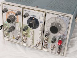 2. The modules, from left to right, are a PG502 pulse generator, an RG501 ramp generator, and an FG502 function generator.